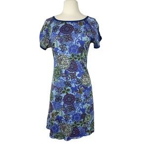 Title Nine Purple Floral Mosaic Print Dress XS Knit Short Sleeve Blue New